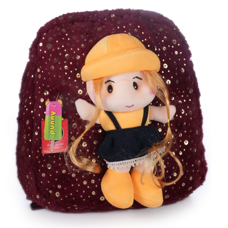 Punny Doll Plush Backpack for Kids – Soft Maroon Sequin School & Picnic Bag for Toddlers (F-127)