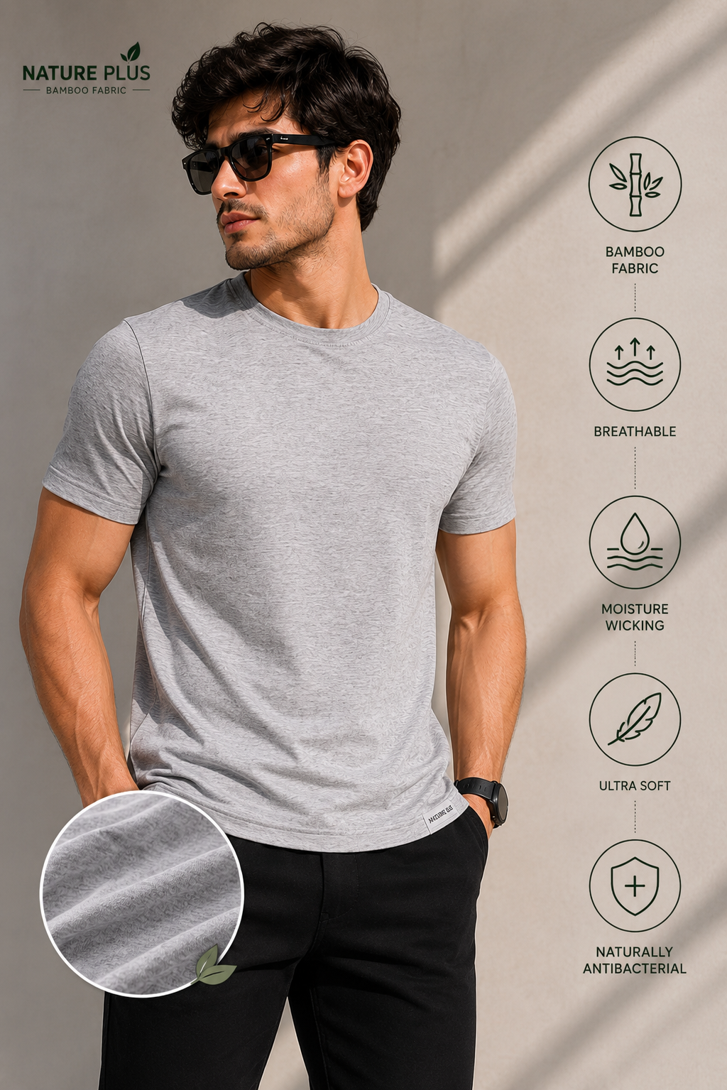 Nature Plus Men's Lightweight Heathered Granite Bamboo Half Sleeve T-Shirts Made for Indian Summers